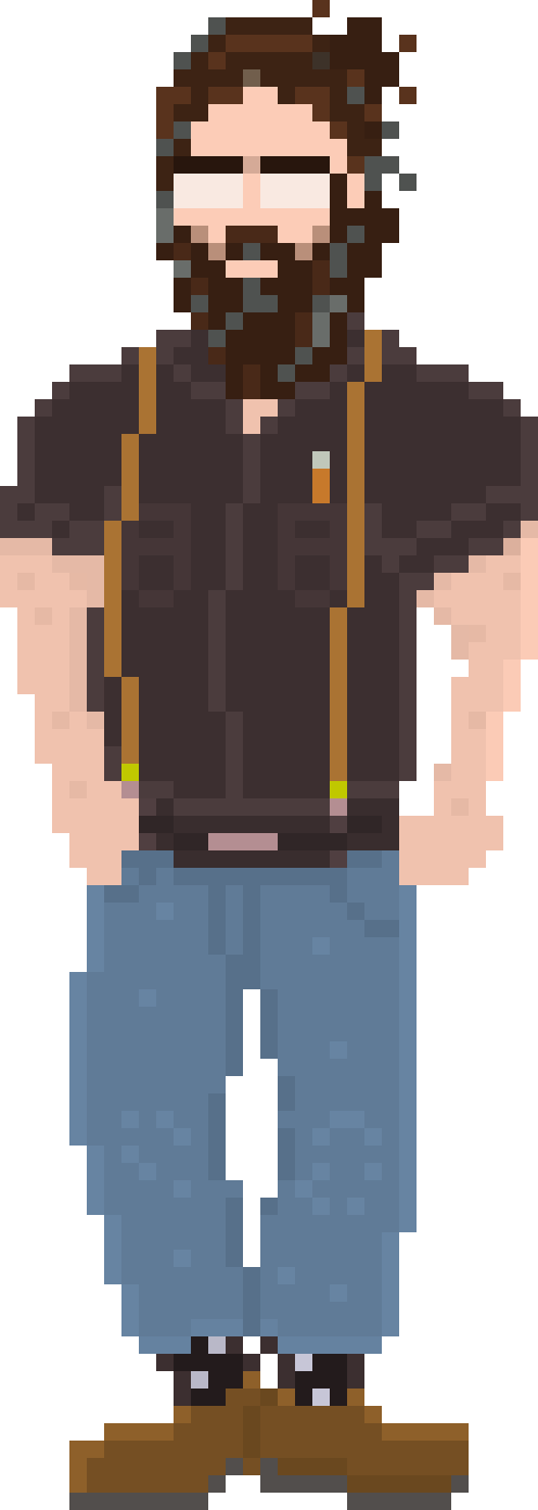Pixel-art portrait of Kelcy Green: bearded, glasses, hair tied up, dark shirt with braces, jeans and work boots.